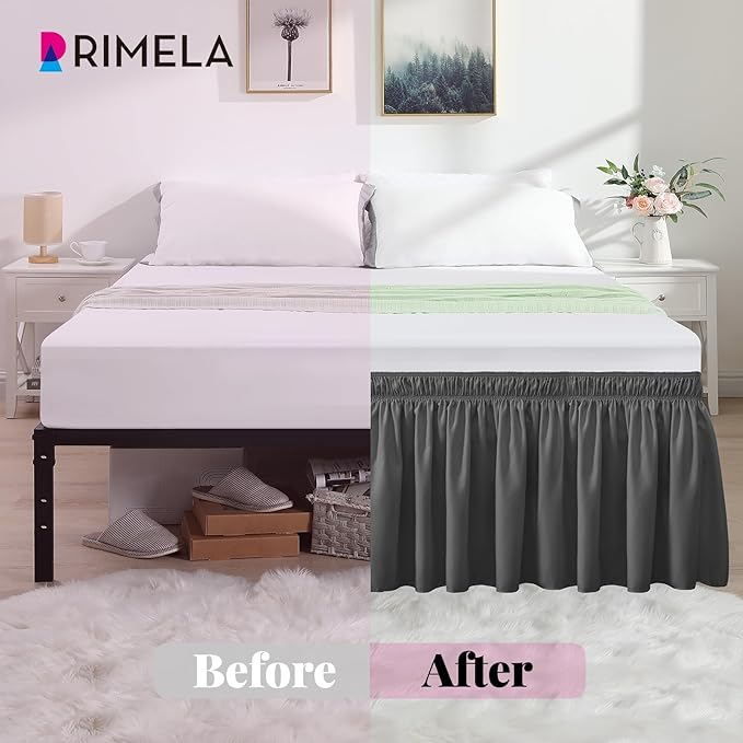 RIMELA King Grey Bed Skirt Wrap Around Elastic Dust Ruffles Solid Color Wrinkle and Fade Resistant with Elastic Belt Easy to Install Dark Gray for King & California King Size 15 Inch Drop