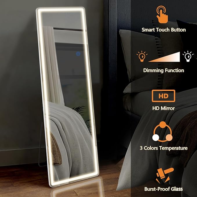 Sweetcrispy Full Length Mirror with LED Lights, 61"x17" Lighted Floor Mirror with Dimming & 3 Color Lighting, Stand for Bedroom, Dressing Room
