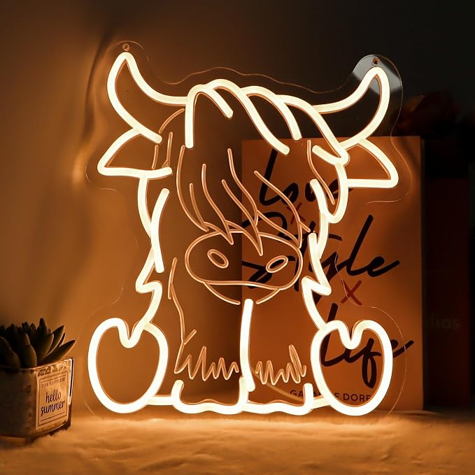 Highland Cow Neon Sign | Dimmable, 11.4 x 12.6 inch, USB Powered, Wall Art Decor, For Room Office Bar Garage,Warm White
