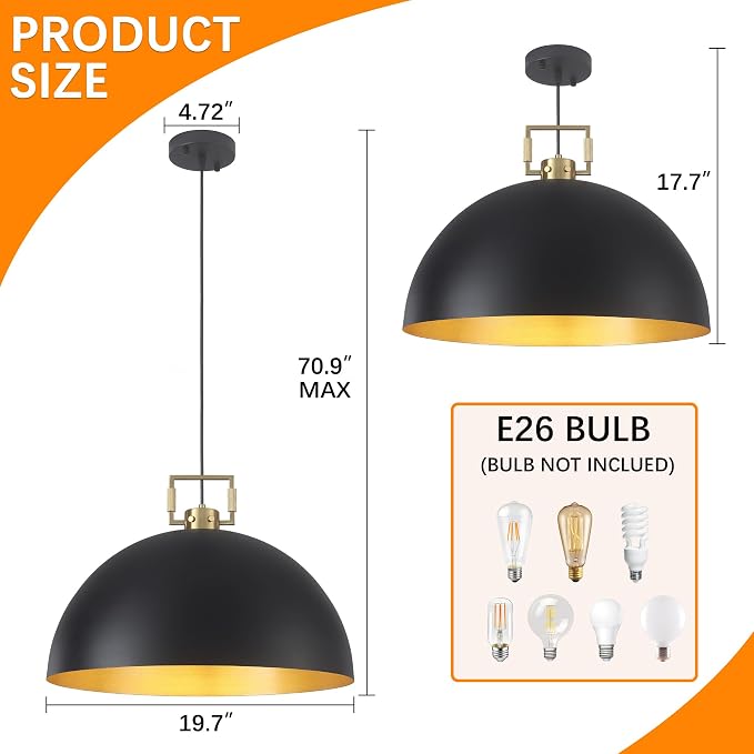 19.7" Vintage Pendant Light Industrial Pendant Light Dome Black and Gold Large Chandelier Light for Kitchen Island, Dining Room, Bedroom,Farmhouse Pendant Lighting