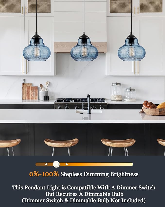 ELYONA 2 Pack Bubble Glass Pendant Lights 8 inch Modern Blue Hand Blown Globe Glass Pendant Lighting Hanging Light fixtures for Kitchen Island Dining Room Bar Bedroom Living Room