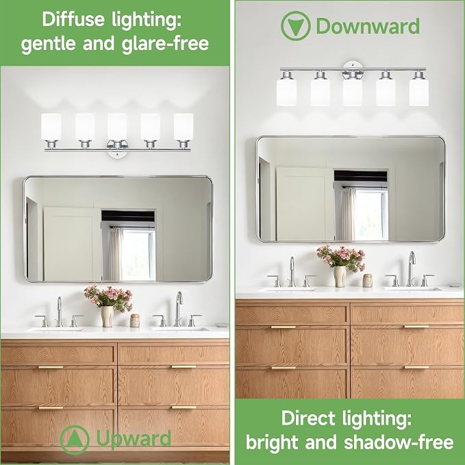 5-Light Chrome Vanity Lights for Mirror, Bathroom Light Fixtures with Textured Milky White Glass Shade, Modern Kitchen Light Fixtures Wall Sconce Light