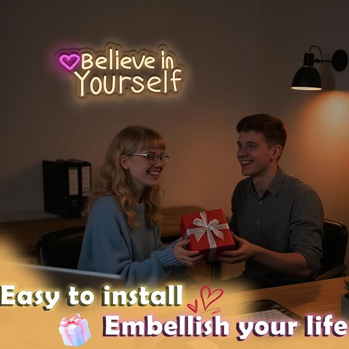 Believe in Yourself neon sign, suitable for classroom wall decoration, back-to-school season, graduation season, student gifts. Dimmable, USB powered, pink heart-shaped inspirational neon light.
