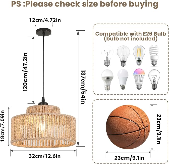 Rattan Pendant Light ,12.6 Inch Boho Kitchen Island light Fixtures,Handmade Woven Hanging Lamp,Wicker Small Chandelier,Coastal Hanging Lights for Bedroom Kitchen Living Room Restaurant Hallway Foyer