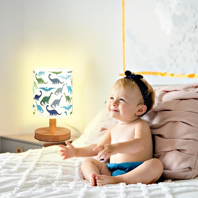 Dinosaur Kids Table Lamp for Bedroom Kids Bedside Lamp with Linen Wooden Nightstand Cartoon Nursery Lampshade for Girls Boys Living Room