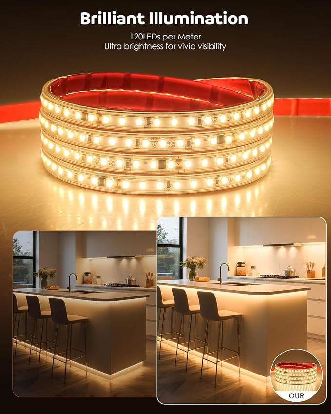 Aclorol AC 110V LED Light Strip 6.56FT/2M 240 LEDs Warm White 3000K LED Rope Lights Outdoor Waterproof IP65 Flexible for Garden Kitchen Cabinets Living Room Indoor and Outdoor Lighting Decor