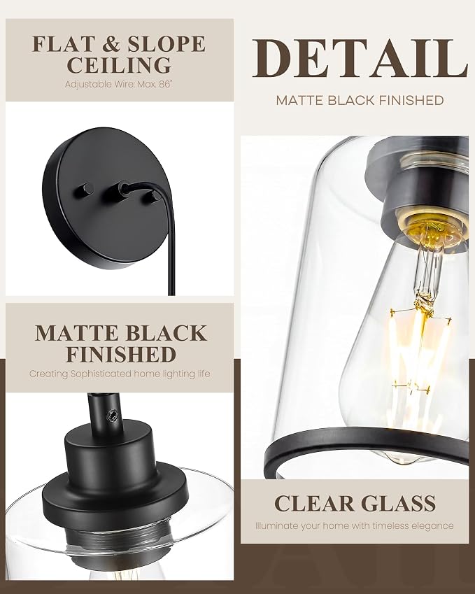 Beionxii 3 Pack Pendant Lights Kitchen Island, Clear Glass Pendant Lights | Matte Black Finish, E26 Base, UL Listied, Adjustable Hanging Height for Living Dining Rooms Bedrooms Foyers, BX-PL02MB-3CG