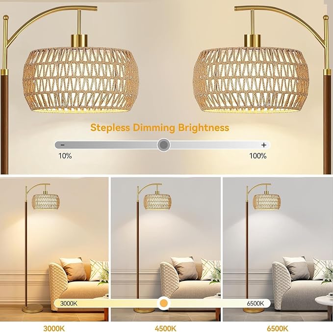 ZECOXOL Wood Floor Lamps for Living Room Arc Boho Floor Lamp with Remote Control & 3 Color Temperatures,Vintage Wicker Rattan Standing Lamp Dimmable Tall Floor Lamp for Bedroom Living Room Corner