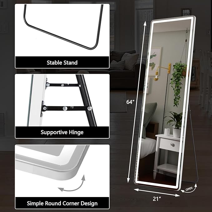 64x21 Lighted Full Body Mirror, Wall Mounted Mirror with 3 Color Lights | Floor Body Mirror with Stand, Hanging Mounted Design with Dimming for Dressing Room, Bedroom, Cloakroom and Daily Checks