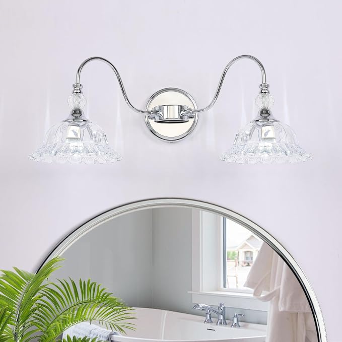 Modern Bathroom Vanity Light Fixtures 2 Lights Chrome Vanity Lights for Bathroom with Floral Crystal Glass Shade Modern Wall Lamp for Mirror(Exclude E26 Bulb)
