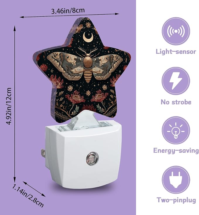 Black Poppy Moth Nightlights Plug in Wall,Mushroom Moon Decorative Star Lamp with Automatic Lighting for Living Space,Gentle Glow for Kids Room,Hallway,Bathroom