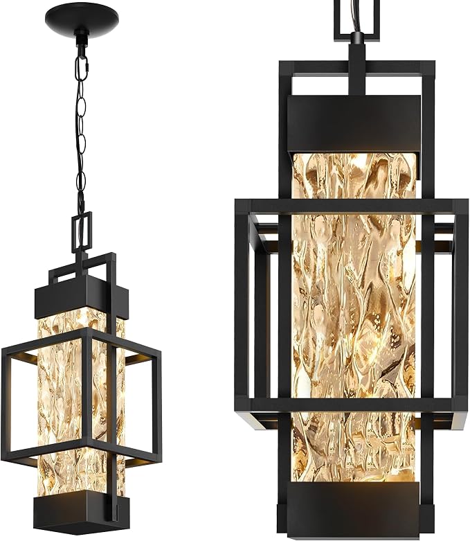 Hotsonic 15'' Outdoor Indoor Pendant Celing Light Fixture, Modern Exterior Hanging Chandelier Porch Lights, Black Aluminum Outside Lantern Lamp for Entrance Foyer Entryway (Bulb Included)