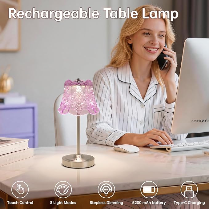 Shenmoyl Cordless Touch Table Lamp with 5200mAh Battery - 3 Adjustable Color Temperatures & Dimmable, Rechargeable Desk Lamp for Bedroom, Living Room, Office, Entryway, Bookshelves (Clear Purple Rose)