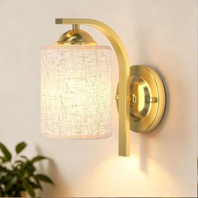 Wall Sconces Lights Lamp for Bedroom Bathroom, Modern Vanity Light Fixtures, Gold Farmhouse Wall Mount Lighting Lanterns with Fabric Shade for Living Room Mirror Hallway Kitchen