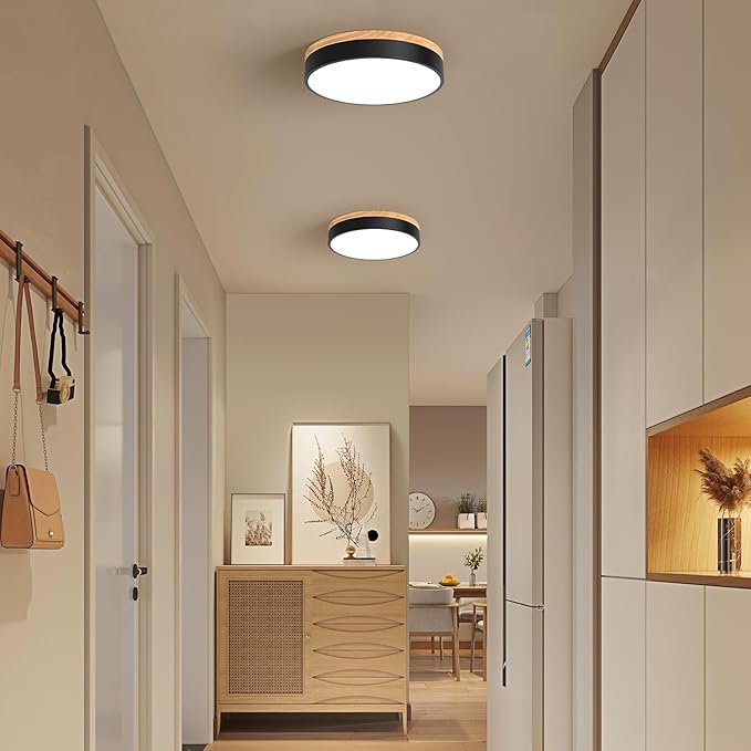 Modern Wood Oak Black Flush Mount Ceiling Light Dimmable LED Ceiling Light Fixture Minimalist Circle Close to Lighting Lamp for Kitchen Bathroom Bedroom Laundry Room, 11.8''
