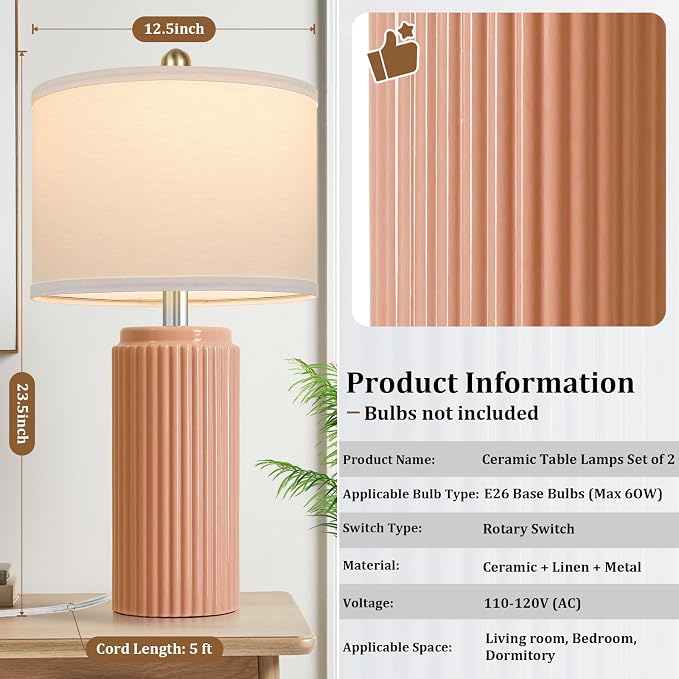 23.5’’ Orange Table Lamps for Bedroom Set of 2, Modern Ceramic Nightstand Lamps for Living Room, Retro Lamps with White Shade Set for Home Office End Table, Farmhouse Bedside Lamps for End Table Dorm