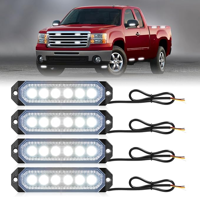 HLauto 406T Emergency Strobe Grille Lights: 4Pcs 6 LED Sync Feature Safety Warning Flashing Light, 12V-24V Ultra Slim Surface Mount Hazard Caution Light for Truck, Vehicle, Car, ATV, UTV (White)