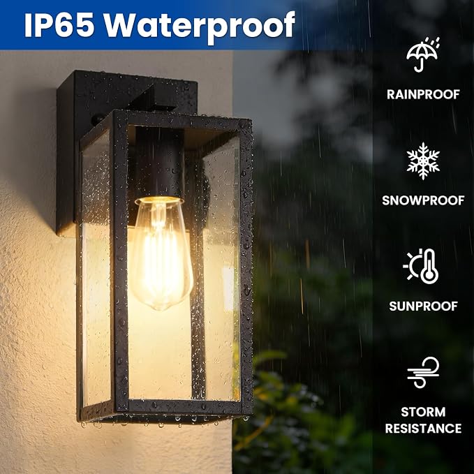 Outdoor Wall Light with GFCI Outlet, Dusk to Dawn Porch Light with Clear Glass and E26 Socket, Waterproof Anti-Rust Aluminum Exterior Lighting, Black Outside Lights for Patio, Front Door, Garage