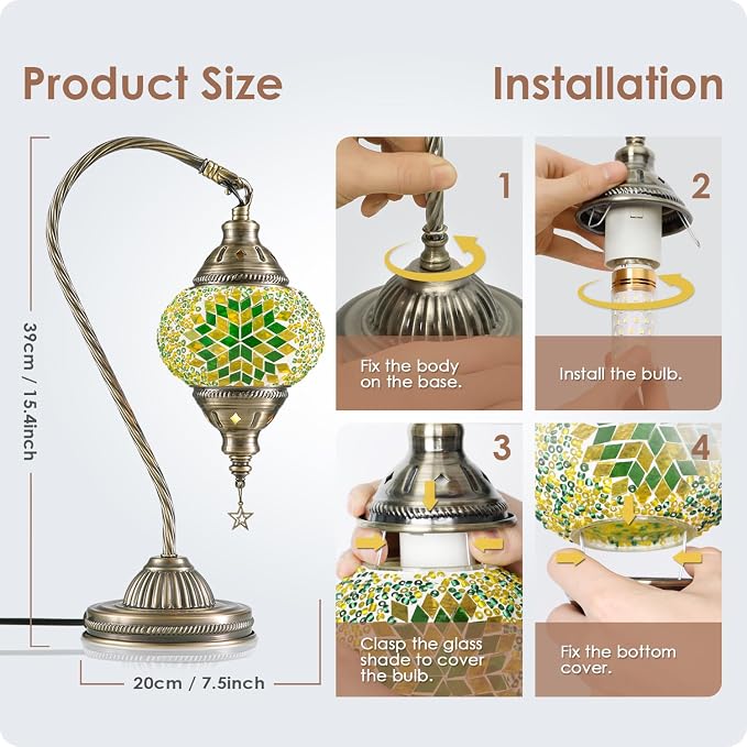 Yarra-Decor Turkish Moroccan Lamp with Bronze Base 3 Color Options Handmade Swan Neck Mosaic Glass Bedside Lamps for Bedroom (LED Bulb Included)(Green2)