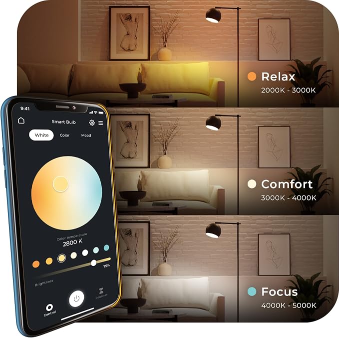 Globe Electric 34207 Wi-Fi Smart 10 Watt (60W Equivalent) Multicolor Changing RGB Tunable White Frosted LED Light Bulb 2-Pack, No Hub Required, Voice Activated, 2000K - 5000K, A19 Shape, E26 Base