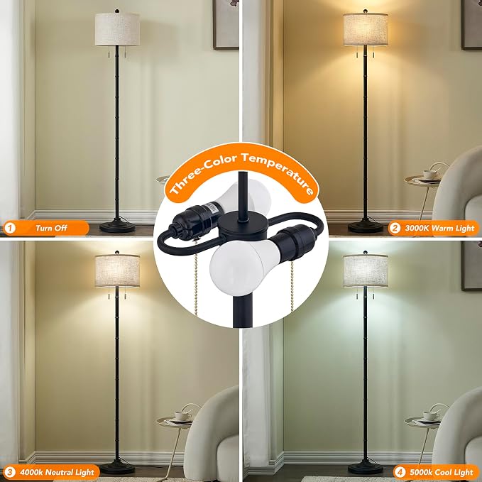 Upgraded 2-Light Mid Century Modern Black Floor Lamp for Living Room | 63.5'' Tall Floor Lamp with 3 Color Temp Bulbs, Living Room Lamp with Chain Switch, Standing Lamp for Bedroom, Office, Corner