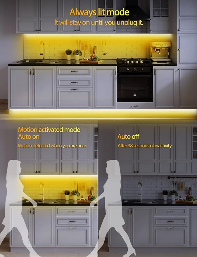 Daymeet Motion Sensor LED Strip Lights, 9.8ft Under Bed Lights Motion Activated LED Bedside Lamp Illumination with Automatic Shut Off Timer Indoor Night Light Closet Lights (Warm White) NO APP