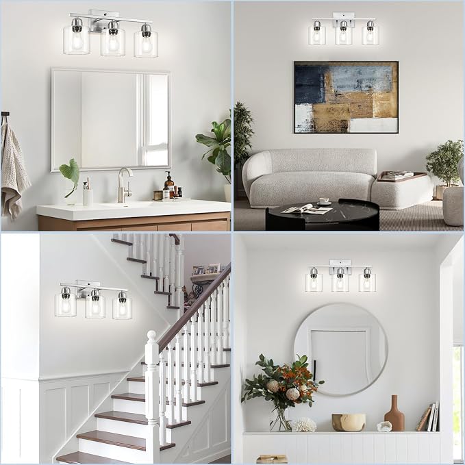 Modern Brushed Nickel 3 Light Bathroom Light Fixtures,19 inch Vanity Lights For Bathroom With Clear Glass, Bathroom Lighting Fixtures Over Mirror For Mirror Kitchen Living Room Hallway Cabinet Porch