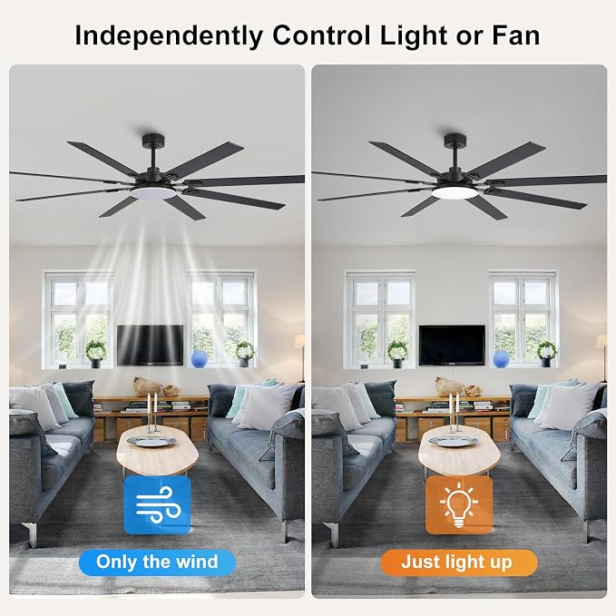 80 Inch Ceiling Fans with Lights and Remote, Bedroom Living Room Office Library Cafe Outdoor Industrial, 5CCT Dimmable, Dual Color 8 Blades, 6 Speed Reversible Quiet DC Motor, Black/Wood Grain
