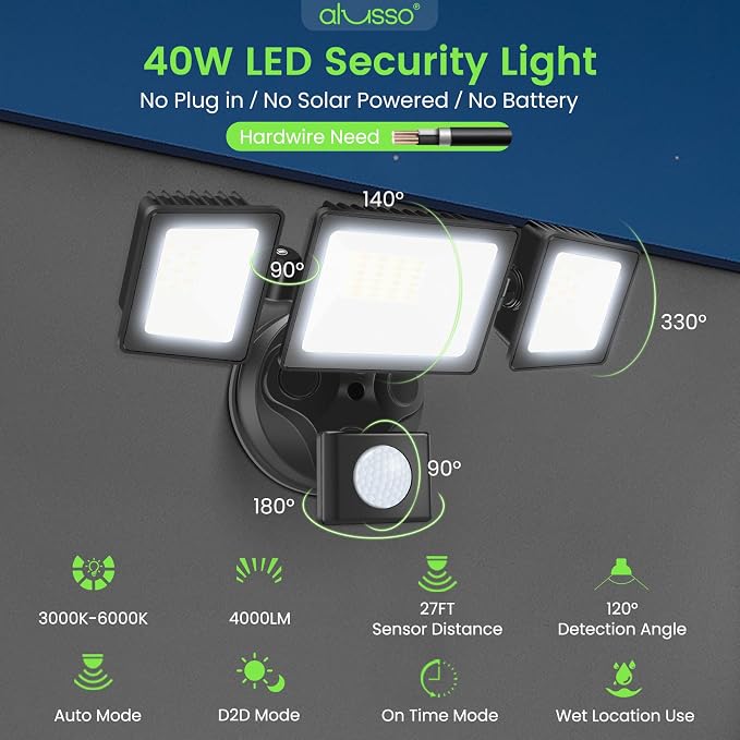 LED Security Lights Motion Sensor, 36W 3000LM Flood Lights Outdoor Motion Sensor with Remote, Dimmable Brightness 3000K-6000K CCT IP65 3 Heads Outdoor Security Light for House Garage Yard 1 Pack