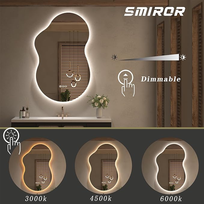 SMIROR 20x36 Irregular Backlit Led Lighted Bathroom Vanity Mirror | Asymmetrical, Cloud Shape, Anti-Fog, 3 Colors, Dimmable, Memory, Tempered Glass, UL