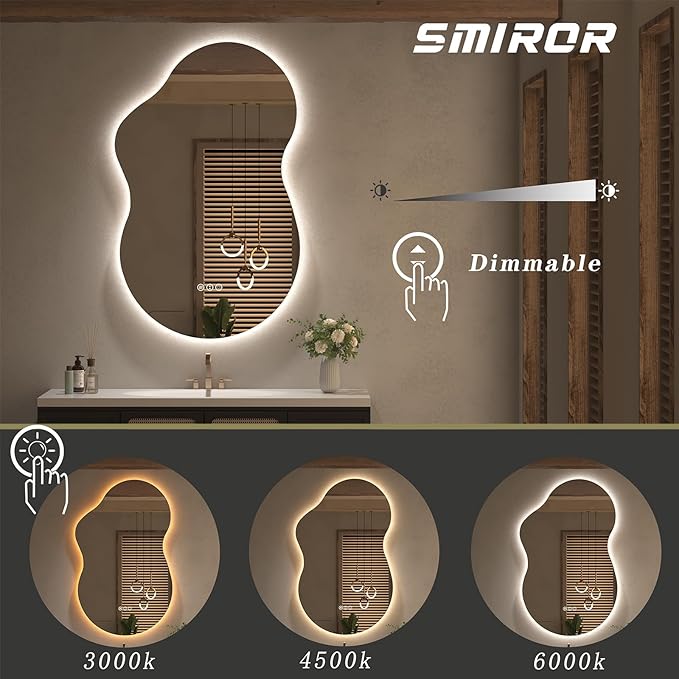SMIROR 20x32 Irregular Backlit Led Lighted Bathroom Vanity Mirror | Asymmetrical, Cloud Shape, Anti-Fog, 3 Colors, Dimmable, Memory, Tempered Glass, UL