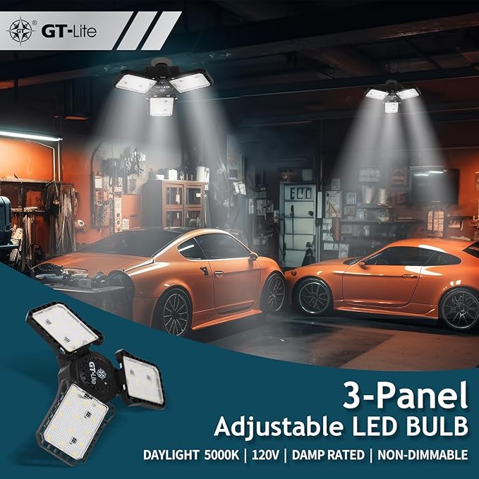 GT-Lite 3000 Lumen LED Garage Light, 300Watt Equivalent, Adjustable 3 Panel Bulb,150 Watt Equivalent, 5000K Daylight, E26