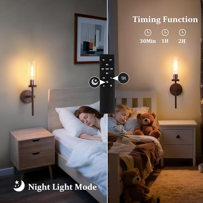 Shenmoyl Battery Operated Wall Sconces Set of 2, Walnut Color Rechargeable Wall Lighting Fixtures, Dimmable Wall Lights with Remote & Clear Glass Shade for Living Room, Bathroom,Bedroom