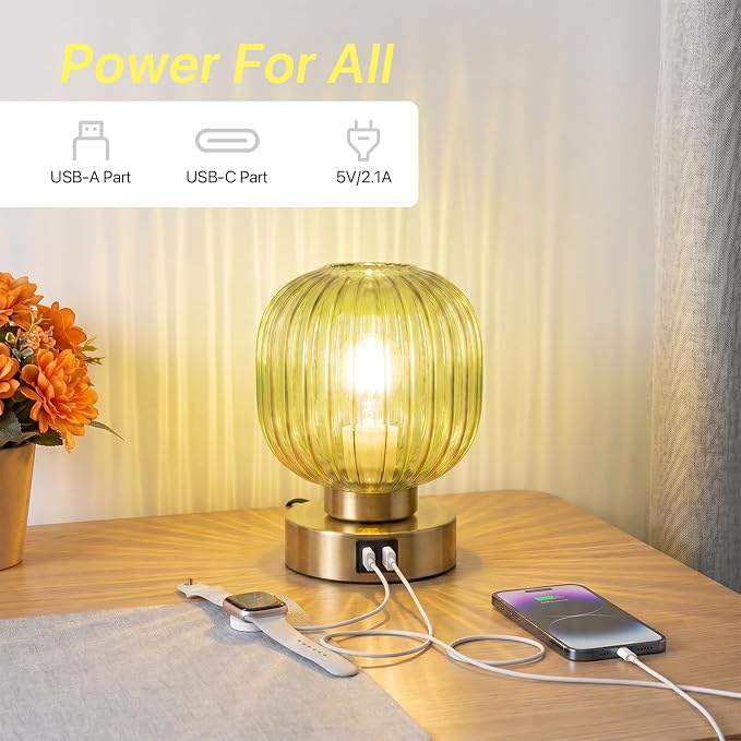 Elenhome Touch Small Table Lamp,Elegant Green Glass Bedside Lamp 3 Way Dimmable with USB C+A Charging Ports - Bedroom Nightstand & Living Room Essential, 4W Bulb Included (Green)