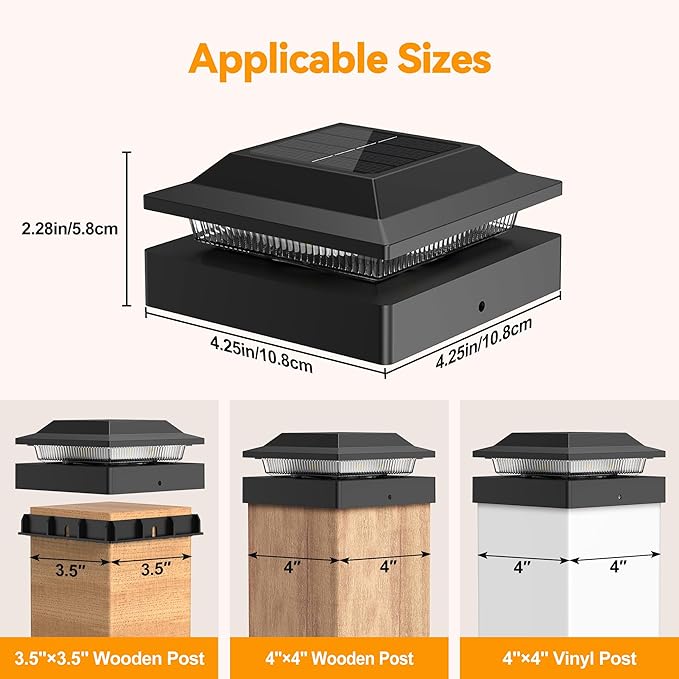 Solar Post Cap Lights for 4x4 Wood/Vinyl Posts, 2 Pack | IP65 Waterproof Fence Post Solar Lights, Outdoor Post Lights with 2 Color Modes Decorate Garden Patio Porch Backyard, Black