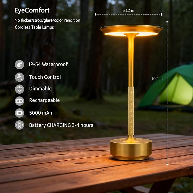 UdoUto Cordless Table Lamp Rechargeable, Gold | 5000mAh Battery Operated, Table Light, Touch Stepless Dimming & 3 Color Modes, Outdoor Lamp for Patio, Restaurant, Bedroom