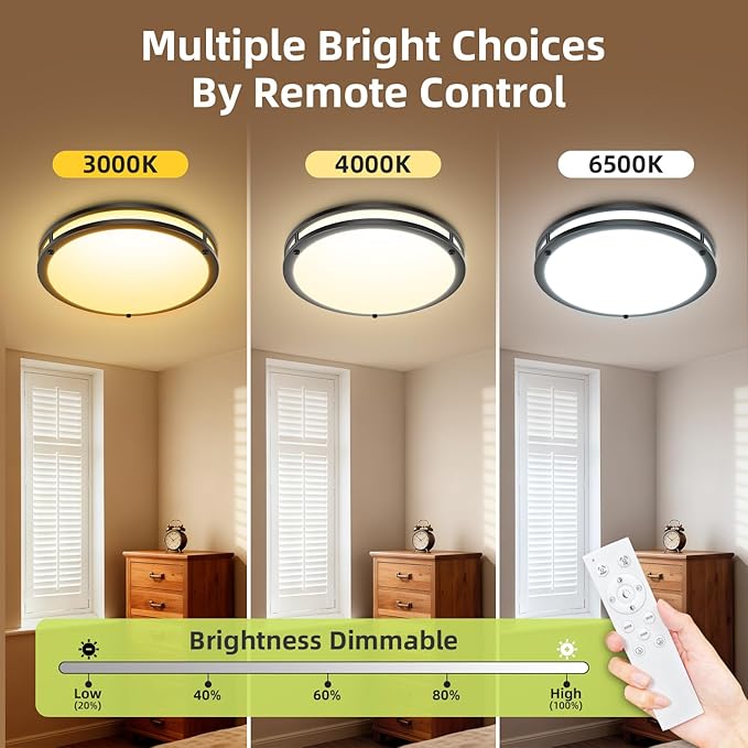 hepside Flush Mount LED Ceiling Light with Remote, Dimmable& 3000K-6500K Adjustable Ceiling Light Fixture, Timer, Night Light, 10 inch Black Ceiling Lamps for Kitchen Bathroom Bedroom Hallway