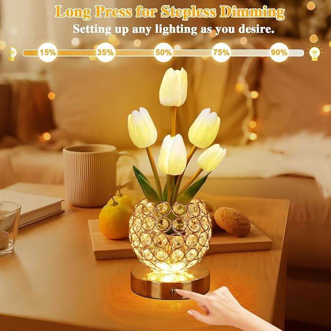 Birthday Gifts for Women Mothers Day Gifts/for Mom Tulip Table Lamp | 3 Color Crystal Flower Bedside Lamps Infinitely Dimming with USB Charge Small Night Light,Night stand Touch Lamp(White-tulip)