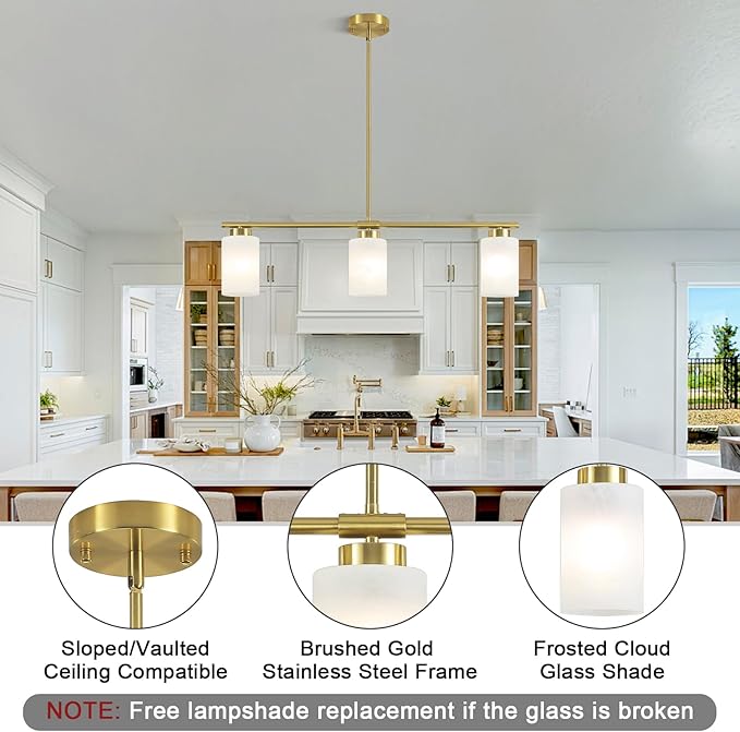 3-Light Gold Kitchen Island Lighting 31" Pendant Light with Milk Glass Shade Adjustable Height Linear Chandelier for Dining Room Modern Farmhouse Light Fixture Over Table, Bar, Living Room, Foyer, E26