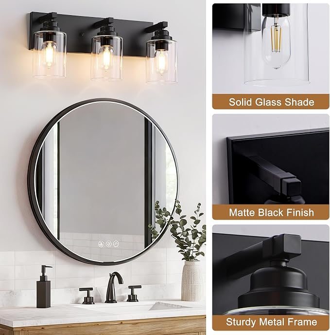 3-Light Matte Black Bathroom Vanity Light, Clear Glass Shade | 18.8" Wall Mount Over Mirror Lighting Fixtures, Durable Metal, Modern Farmhouse Style, for Bathroom, Bedroom, Easy To Install