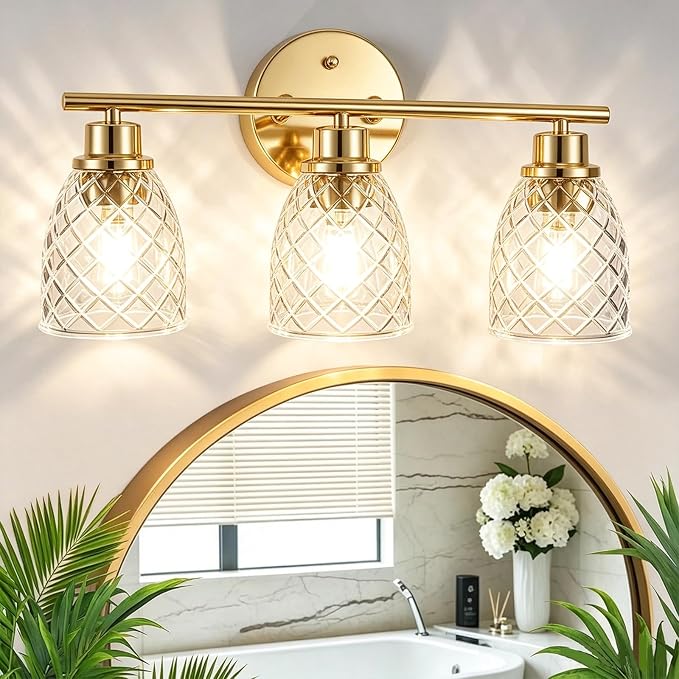 3-Light Bathroom Light Fixtures, Brushed Gold Vanity Lights Over Mirror | Modern Farmhouse Wall Sconces with Hammered Glass Lampshade for Kitchen Hallway Bedroom Living Room Cabinet Porch-18.1IN