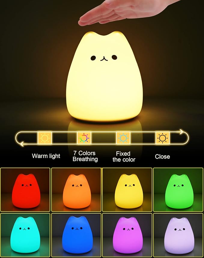 LED Night Light, Battery Powered Kids' Lamp, Silicone Multicolor Cute Cat with Warm White & 7-Color Breathing Mode for Kids & Babies
