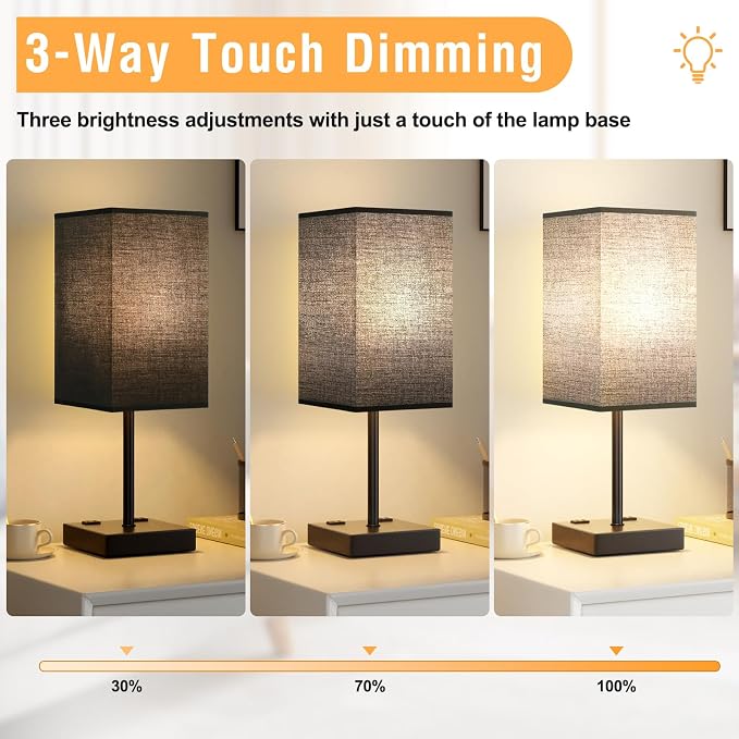 17.4" Set of 2 Table Lamp for Bedroom - Dimmable, USB C+A, 2 AC Outlets | 3-Way Touch Dimming, 3000K Warm White Bulb Included, Nightstand Lamp with Square Linen Shade, Room Decor for Men, Boys, Desk