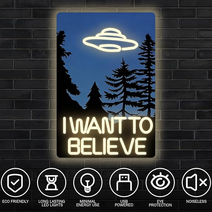 I Want to Believe Neon Sign UFO LED Light Sign for Bedroom Living Room Dimmable Alien Decor Light Up Wall Sign UFO Poster Alien Movie Neon Lights Cool I Want to Believe Decoration Gifts for UFO Fans