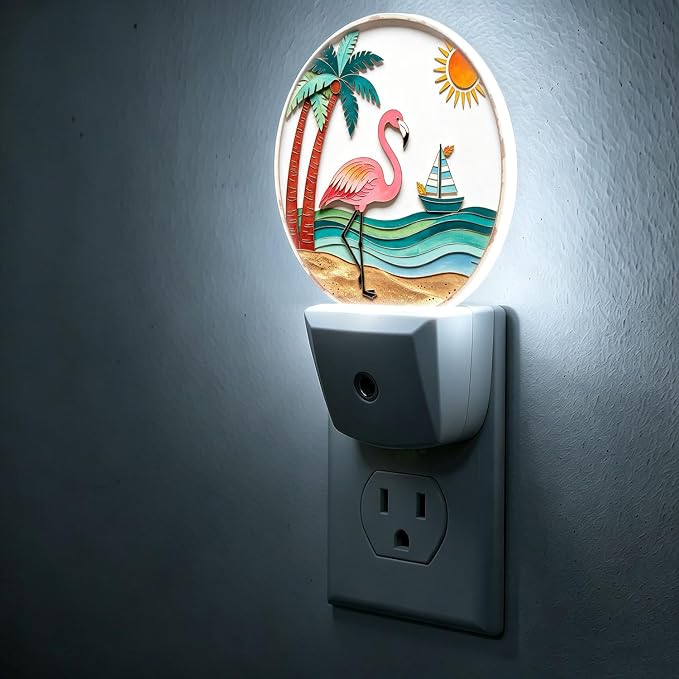 Decorative Night Lights Pink Flamingo Plug-in Nightlight Auto Light Sensors | Tropical Beach Palm Night Lights Plug into Wall Dusk-to-Dawn Auto Sensor for Bedroom Kitchen Toilet Hallway, Energy Saving