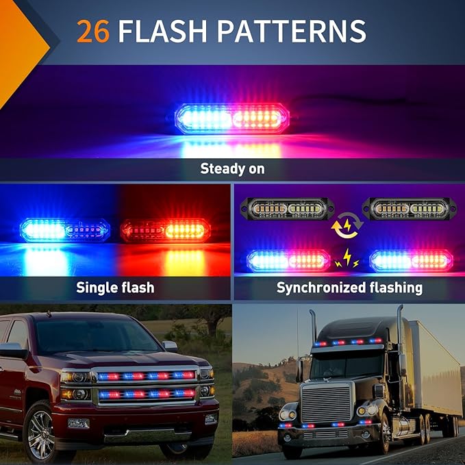 Nilight 8PCS Led Strobe Lights 12LED Red Blue Emergency Light 12V 24V Surface Mount Flashing Warning Hazard Beacon Ultra Slim Sync Feature Mini Grille for Cars Trucks Off Road Vehicles SUV