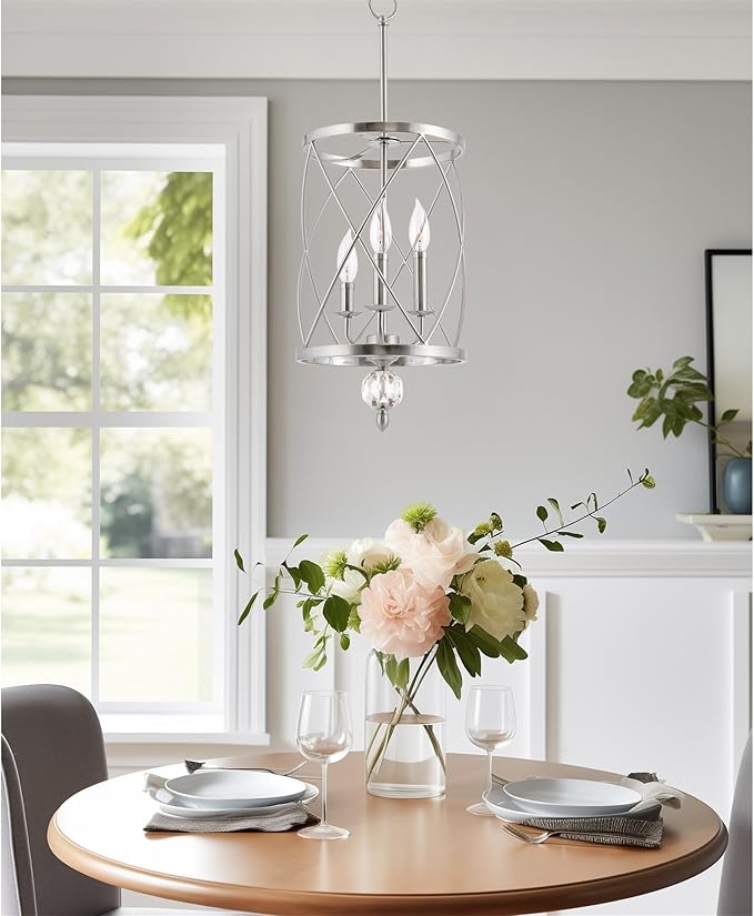 Kira Home Eleanor 26.5" 3-Light Modern Foyer Light Pendant Chandelier, Cylinder Metal Shade, Adjustable Height, Brushed Nickel Finish