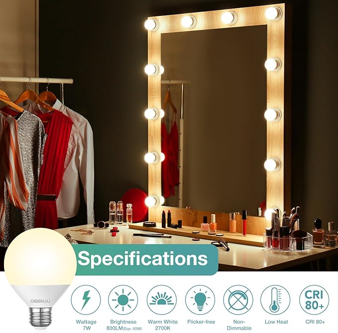 LED Vanity Light Bulbs, 60W Equivalent, Bathroom Light Bulbs 3000K Warm White, 800 Lumens, G25 Globe Bulb for Makeup Mirror, Round Shape, 7W, 120V, Non-Dimmable, 10 Pack