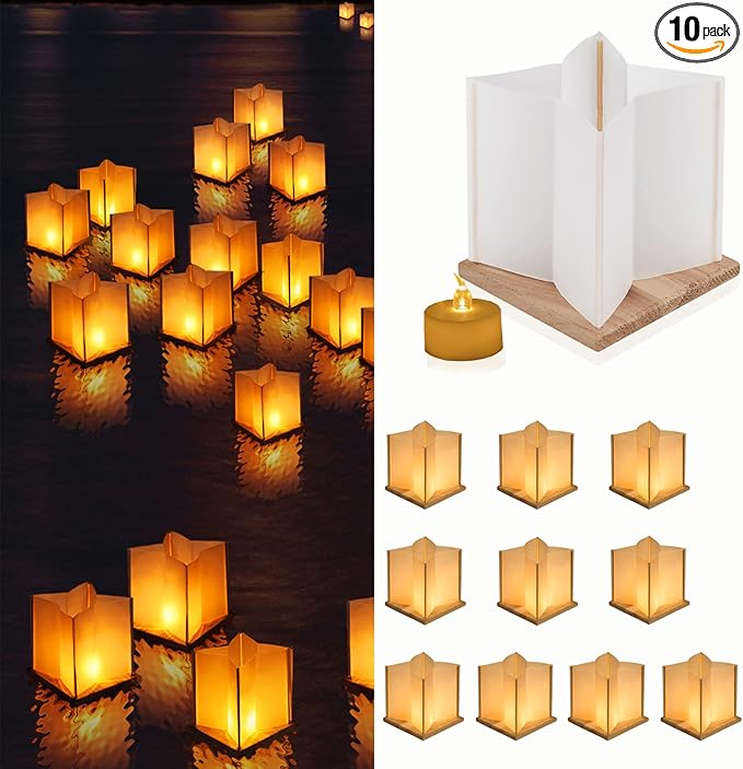 10 Pack 6" Star Shaped Floating Lanterns with Waterproof Wooden Base Sets, Paper Water Lanterns Decoration with LED Tealight Candle (10Sets Lanterns+Flameless LED Candles)