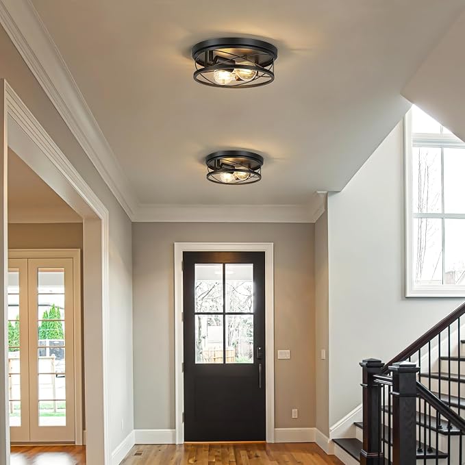 Farmhouse Lights,Black Industrial Flush Mount Ceiling Light, Ceiling Lamp Farmhouse Lighting Fixture for Hallway, Bedroom, Kitchen, Entrance, 2-Light